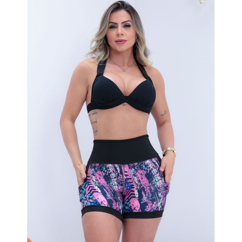 Shortinho Feminino Academia Fitness Estampado Cós Alto e Bolsos