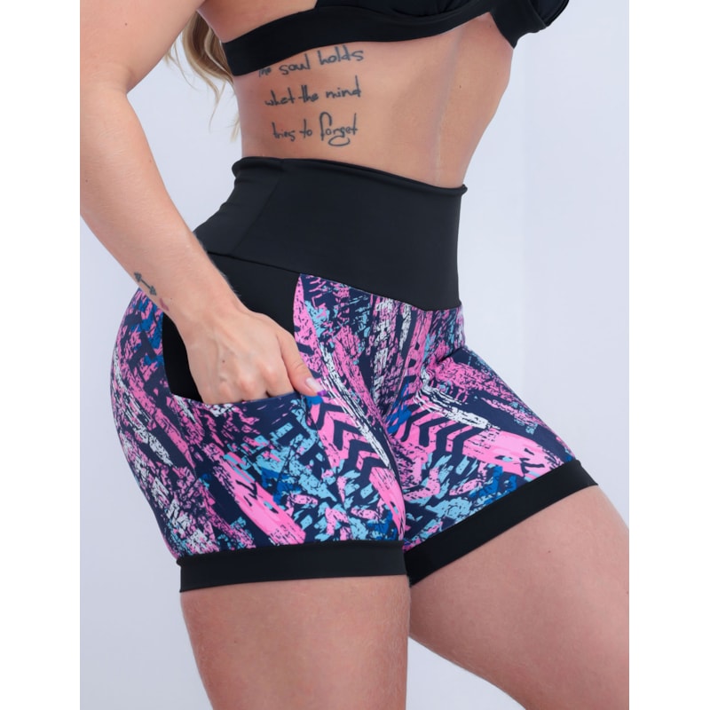 Shortinho Feminino Academia Fitness Estampado Cós Alto e Bolsos