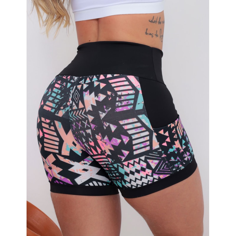 Shortinho Feminino Academia Fitness Estampado Cós Alto e Bolsos