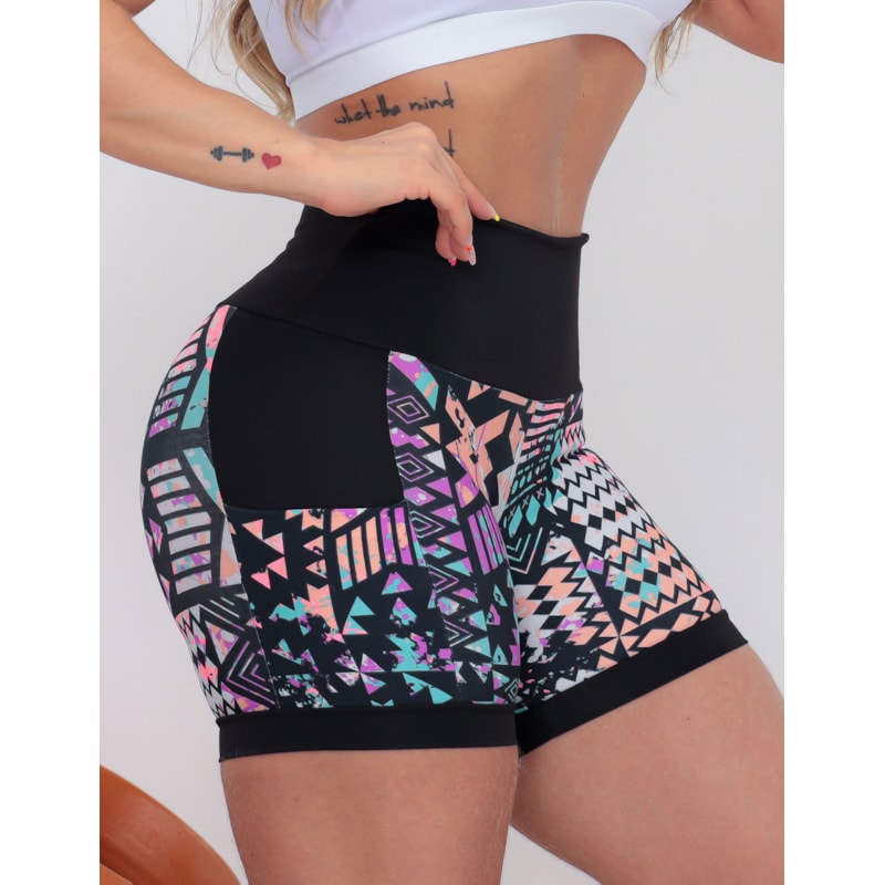 Shortinho Feminino Academia Fitness Estampado Cós Alto e Bolsos