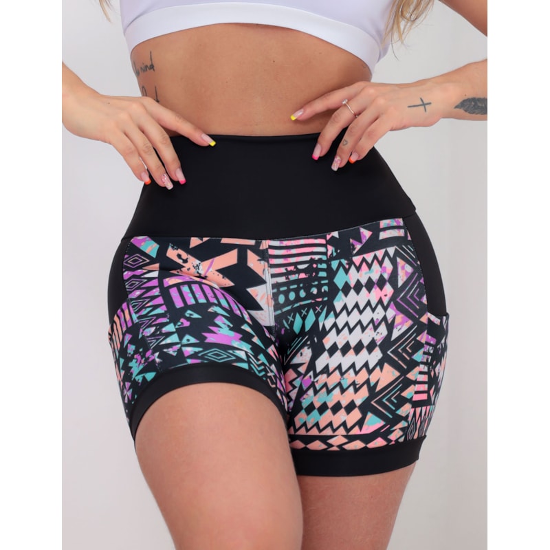 Shortinho Feminino Academia Fitness Estampado Cós Alto e Bolsos