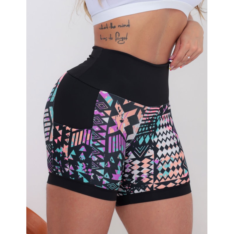 Shortinho Feminino Academia Fitness Estampado Cós Alto e Bolsos