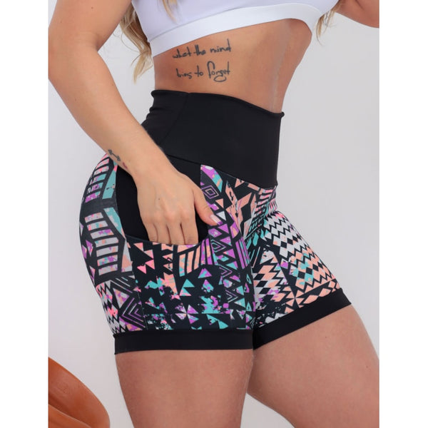 Shortinho Feminino Academia Fitness Estampado Cós Alto e Bolsos