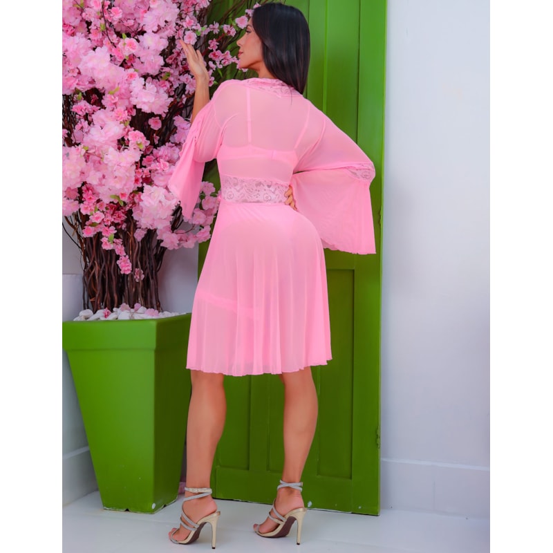 Robe Feminino com Manga Flare em Tule e Detalhes em Renda