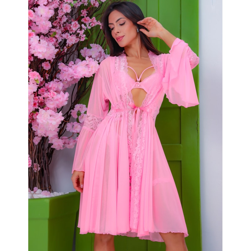 Robe Feminino com Manga Flare em Tule e Detalhes em Renda