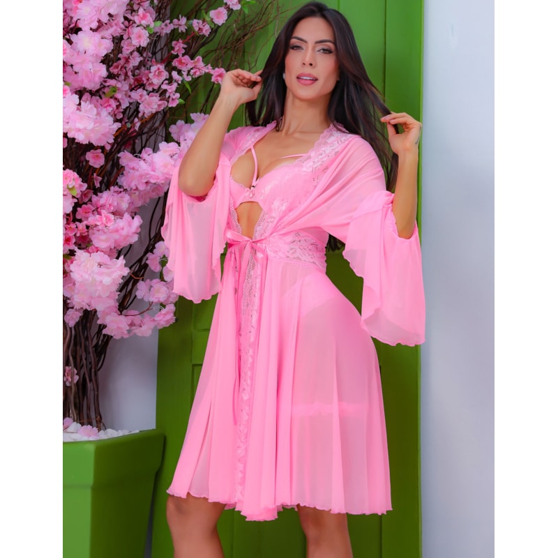 Robe Feminino com Manga Flare em Tule e Detalhes em Renda