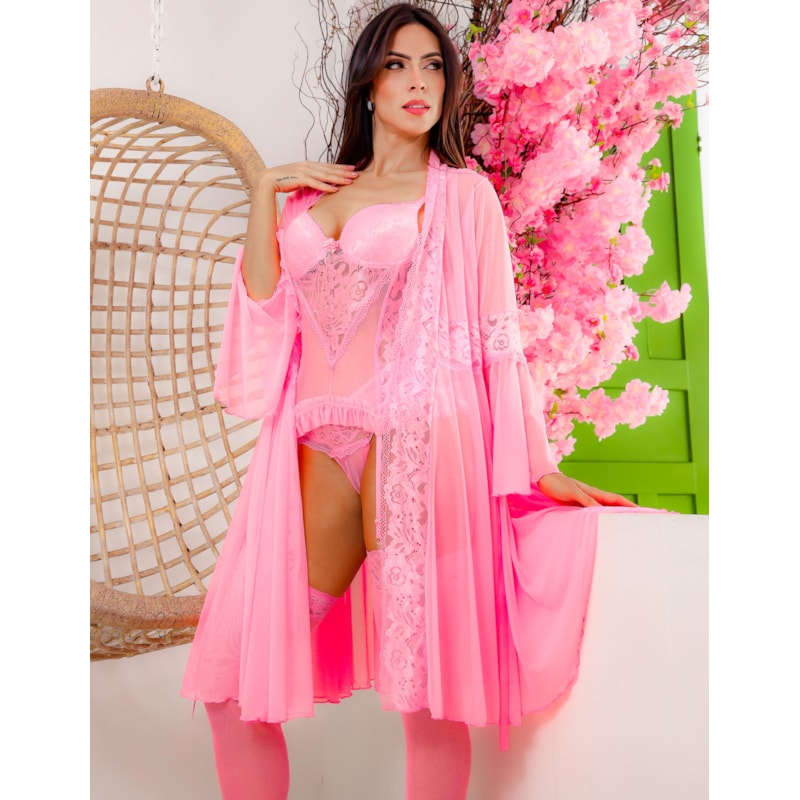 Look Sensual para Mulheres Completo com Espartilho e Robe em Tule e Renda