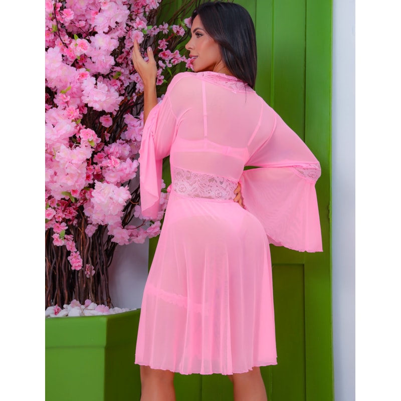 Conjunto Sensual de Lingerie em Renda e Tule Mais Robe Noite