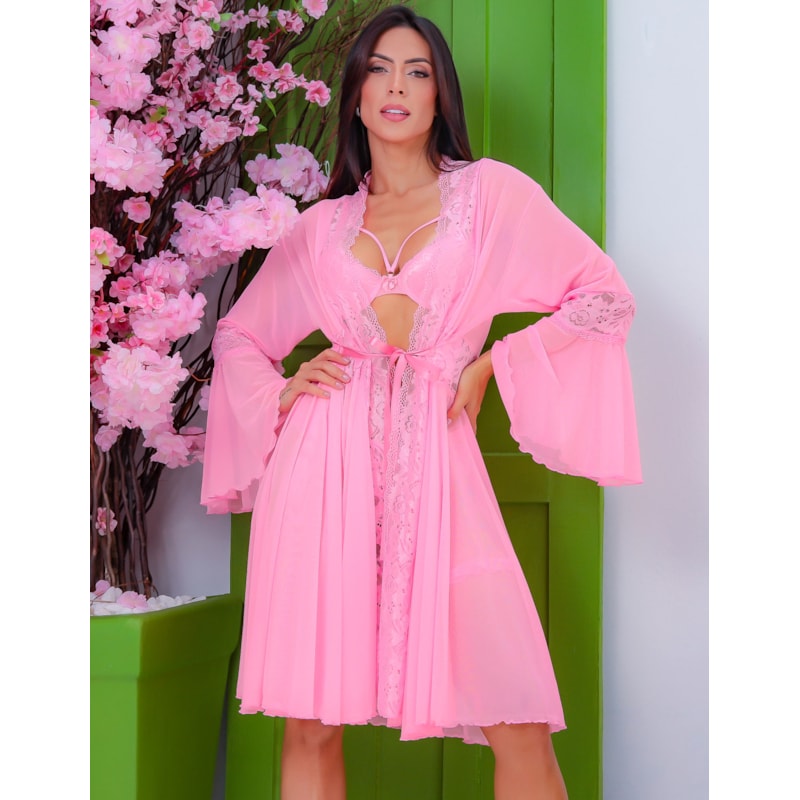 Conjunto Sensual de Lingerie em Renda e Tule Mais Robe Noite