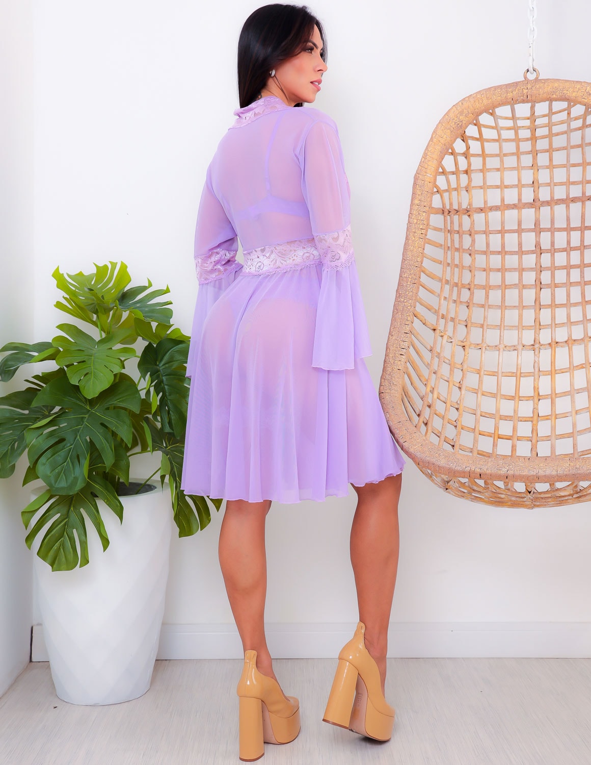 Conjunto Completo de Lingerie em Renda e Tule Mais Robe Sensual