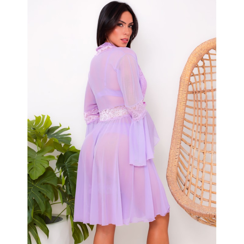 Conjunto Completo de Lingerie em Renda e Tule Mais Robe Sensual