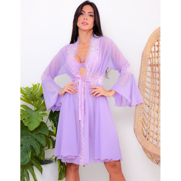 Conjunto Completo de Lingerie em Renda e Tule Mais Robe Sensual