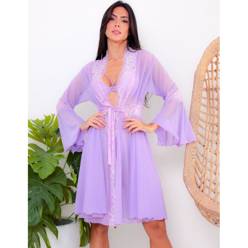 Conjunto Completo de Lingerie em Renda e Tule Mais Robe Sensual