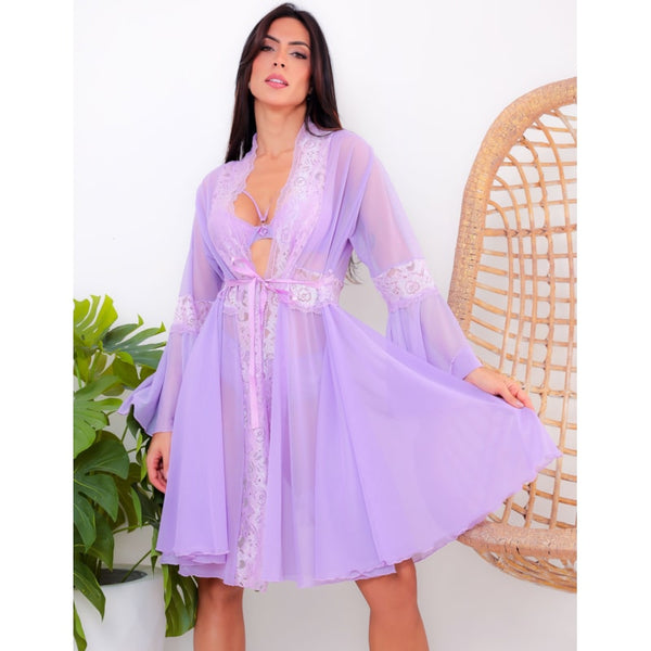 Robe Sensual Feminino em Tule e Renda com Manga Flare