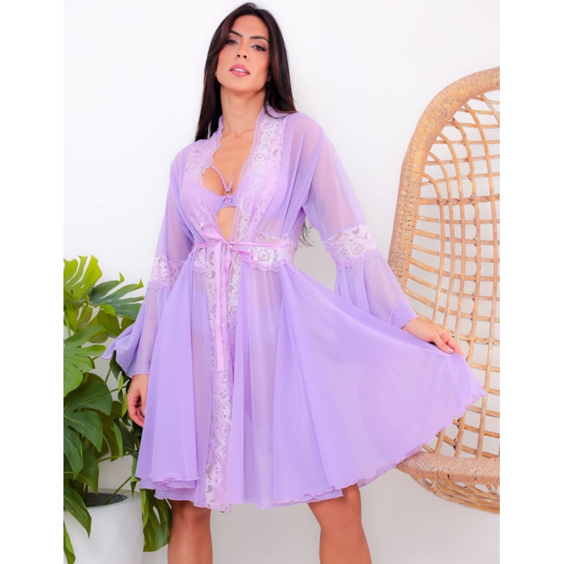 Robe Sensual Feminino em Tule e Renda com Manga Flare