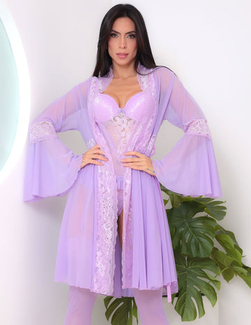 Look Sexy Feminino em Tule e Renda  Jacatrônica com Robe e Espartilho Completo