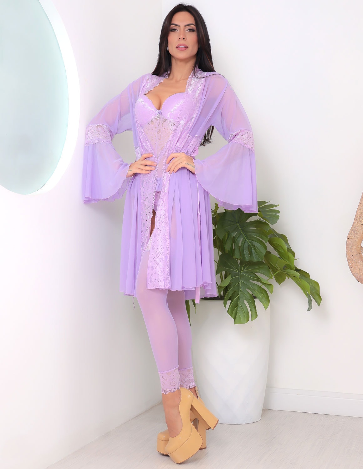 Look Sexy Feminino em Tule e Renda  Jacatrônica com Robe e Espartilho Completo