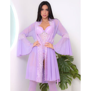 Look Sexy Feminino em Tule e Renda  Jacatrônica com Robe e Espartilho Completo