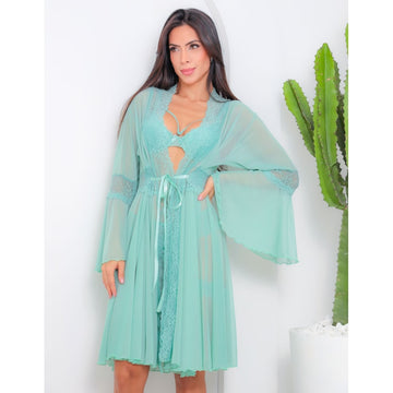 Conjunto de Lingerie Rendado Strappy Com Robe Luxo