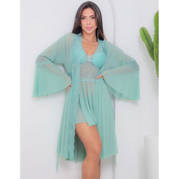Kit Camisola Com Calcinha Mais Robe Sensual de Tule e Renda