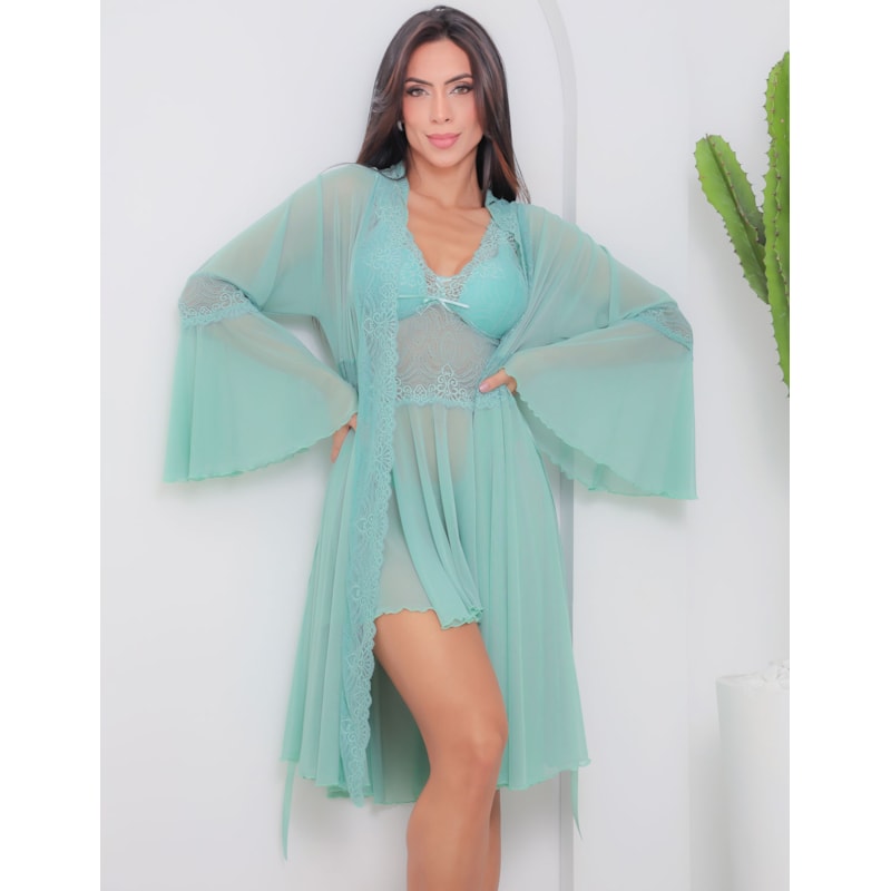 Kit Camisola Com Calcinha Mais Robe Sensual de Tule e Renda