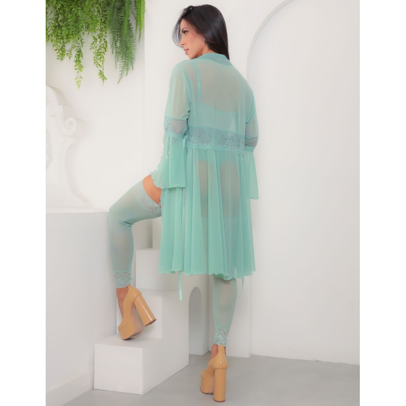 Conjunto Sensual Feminino Completo com Espartilho e Robe em Renda e Tule