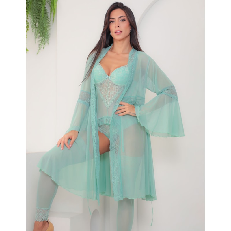 Conjunto Sensual Feminino Completo com Espartilho e Robe em Renda e Tule