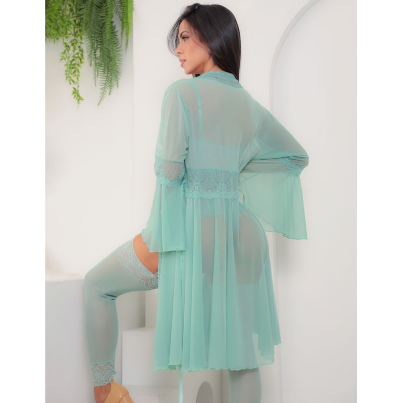 Conjunto Sensual Feminino Completo com Espartilho e Robe em Renda e Tule