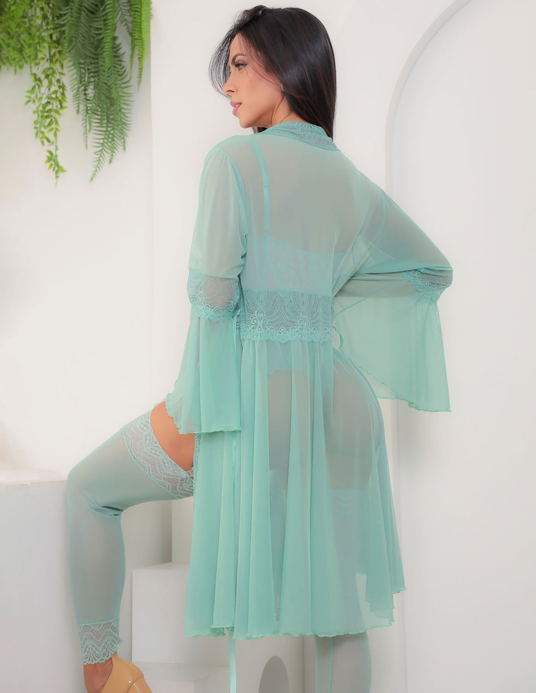 Conjunto Sensual Feminino Completo com Espartilho e Robe em Renda e Tule