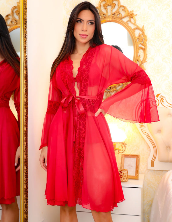 Conjunto Elegante Feminino com Trio de Lingerie e Robe em Renda e Tule