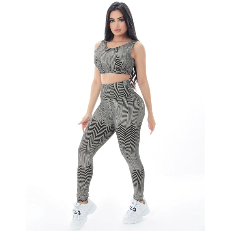 Conjunto de Ginástica Feminino Fitness com Cropped e Calça Estampado