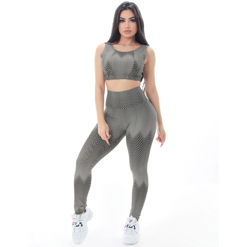 Conjunto de Ginástica Feminino Fitness com Cropped e Calça Estampado