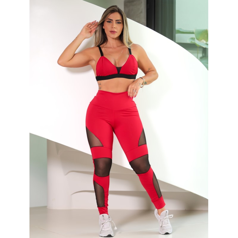 Calça Legging Feminina Fitness com Recortes em Tule para Academia