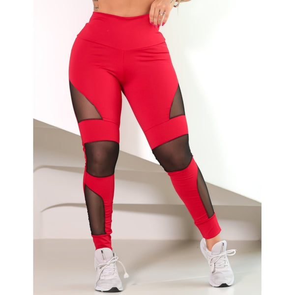 Calça Legging Feminina Fitness com Recortes em Tule para Academia