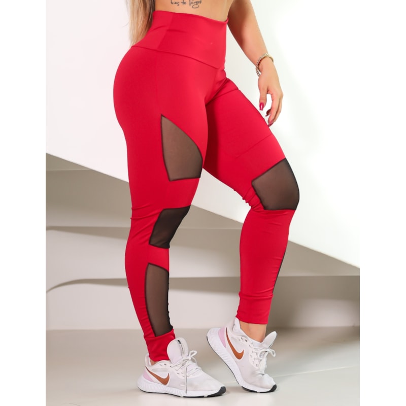 Calça Legging Feminina Fitness com Recortes em Tule para Academia