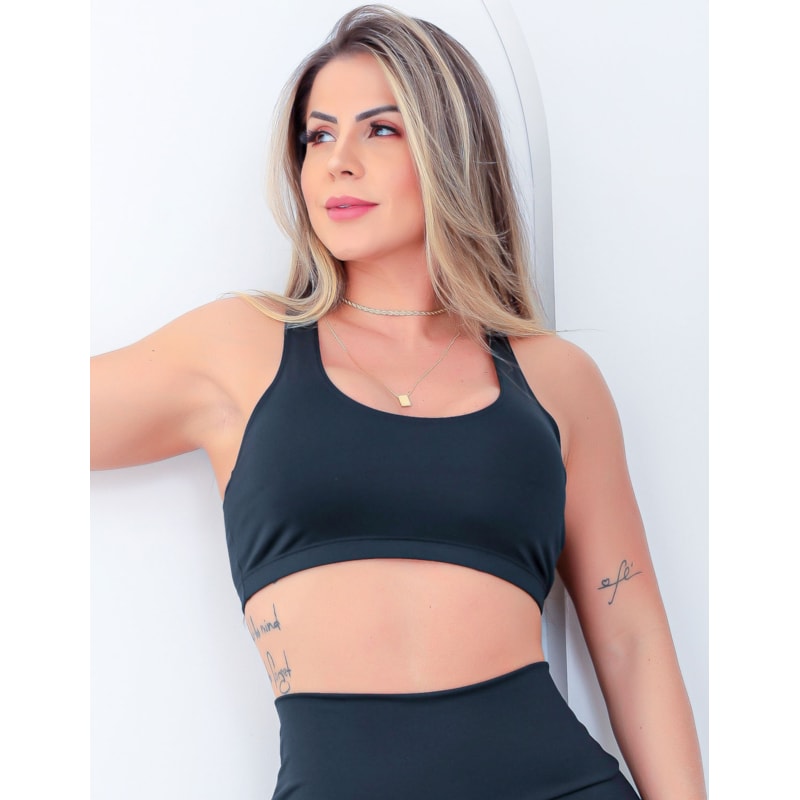 Conjunto Feminino Cropped Fitness com Bojo e Calça Legging com Tule