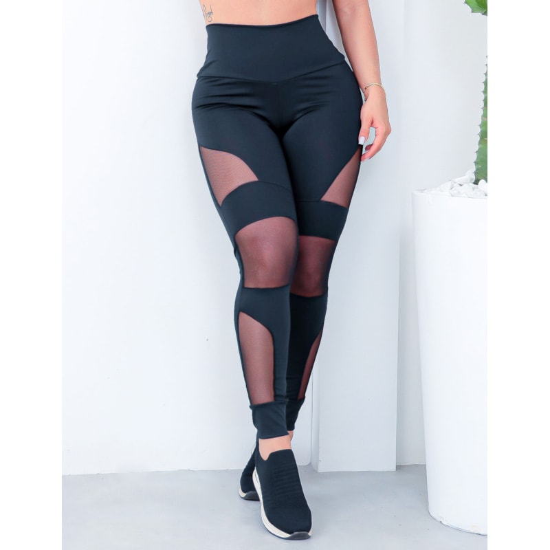 Conjunto Feminino Cropped Fitness com Bojo e Calça Legging com Tule