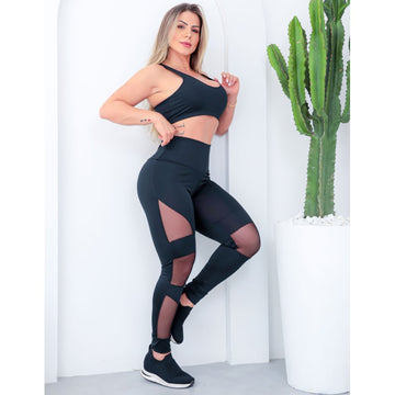 Conjunto Feminino Cropped Fitness com Bojo e Calça Legging com Tule
