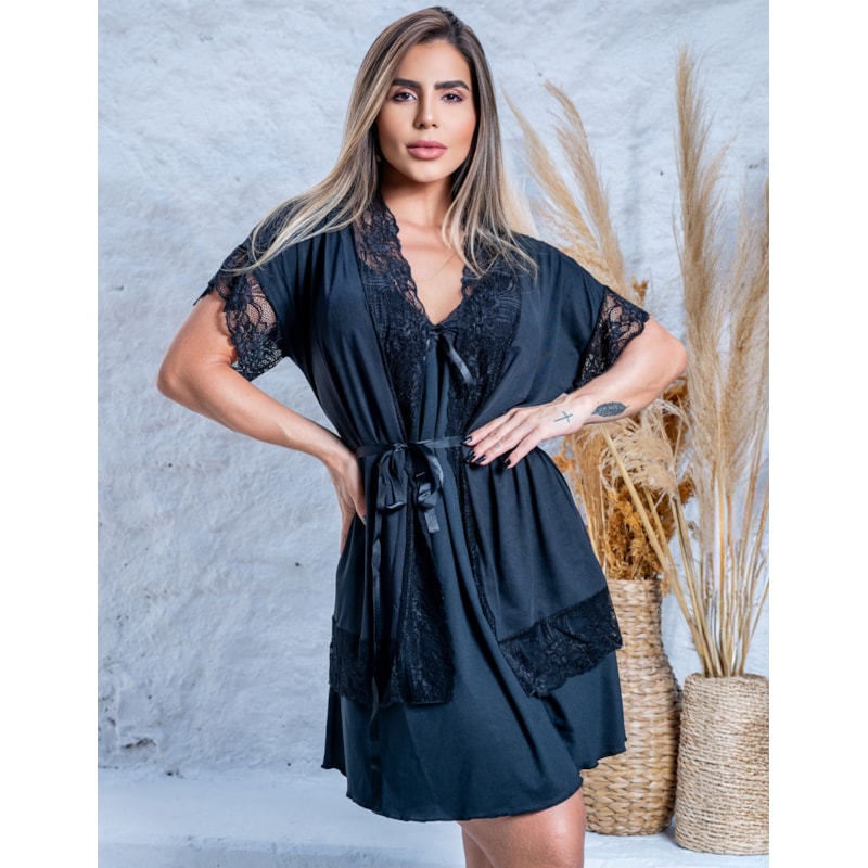 Robe Feminino Manga Curta em Microfibra e Renda Luxo