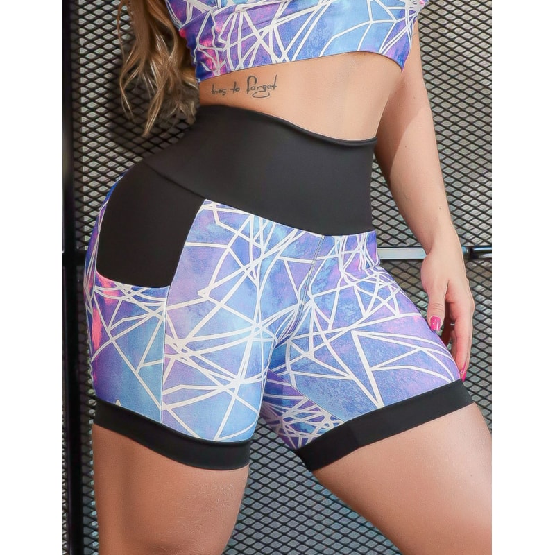 Shortinho Feminino Academia Fitness Estampado Cós Alto e Bolsos