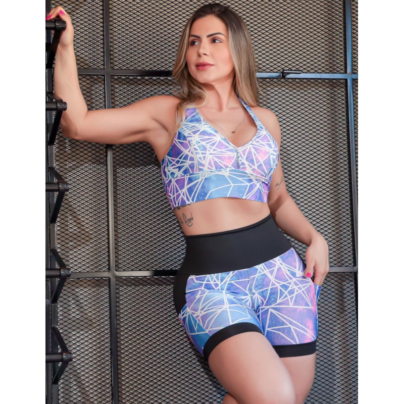Shortinho Feminino Academia Fitness Estampado Cós Alto e Bolsos
