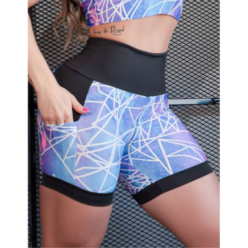 Shortinho Feminino Academia Fitness Estampado Cós Alto e Bolsos
