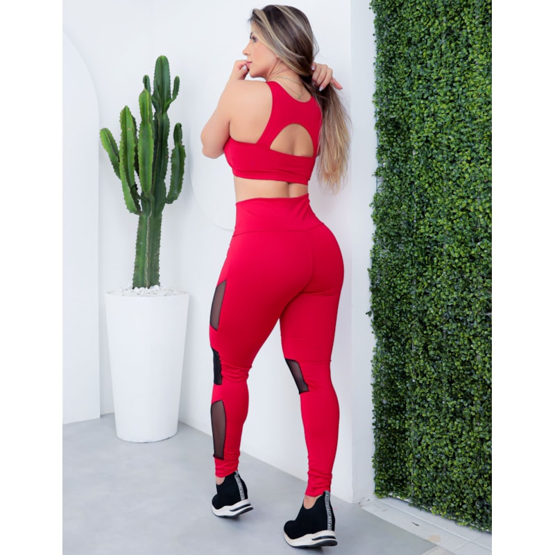 Conjunto Fitness Feminino com Calça Legging com Tule e Top com Bojo para Academia