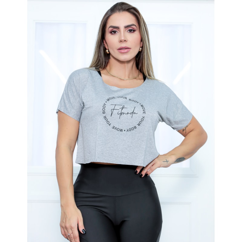 Cropped Camiseta Feminina Com Manguinhas e Estampa - MOVE YOUR BODY