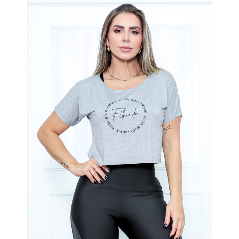 Cropped Camiseta Feminina Com Manguinhas e Estampa - MOVE YOUR BODY