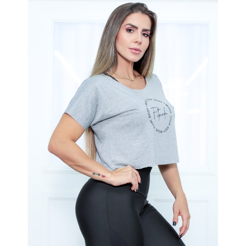 Cropped Camiseta Feminina Com Manguinhas e Estampa - MOVE YOUR BODY
