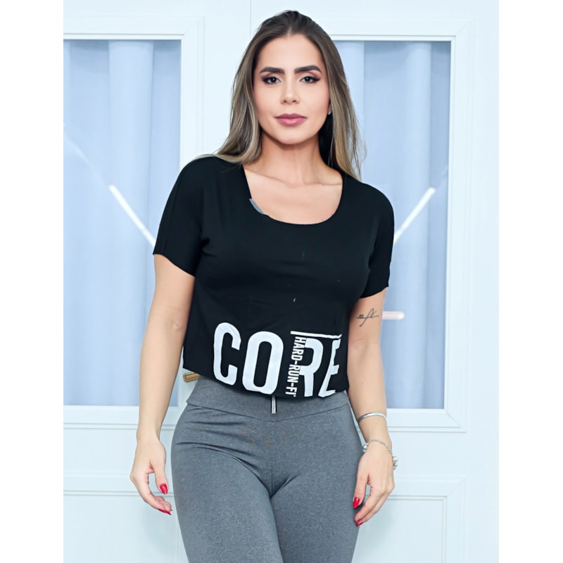 Blusa T-Shirt Cropped Feminino Com Estampa e Mangas - CORE HARD RUN