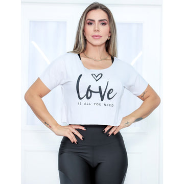 Blusa Cropped Academia Feminina com Mangas e Estampa - LOVE IS ALL YOU NEED