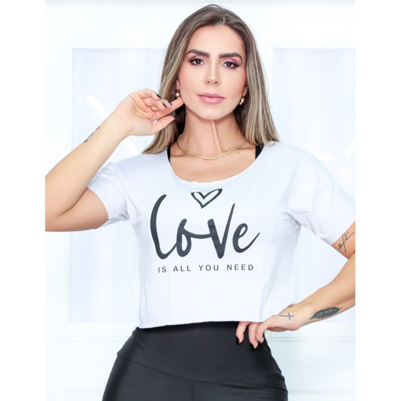 Blusa Cropped Academia Feminina com Mangas e Estampa - LOVE IS ALL YOU NEED