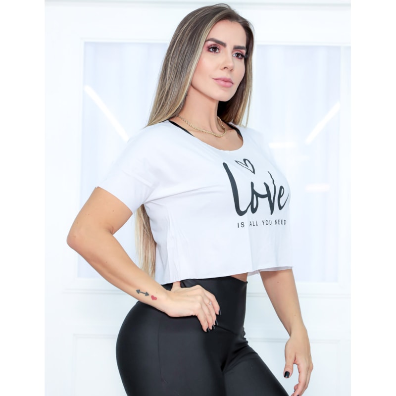 Blusa Cropped Academia Feminina com Mangas e Estampa - LOVE IS ALL YOU NEED